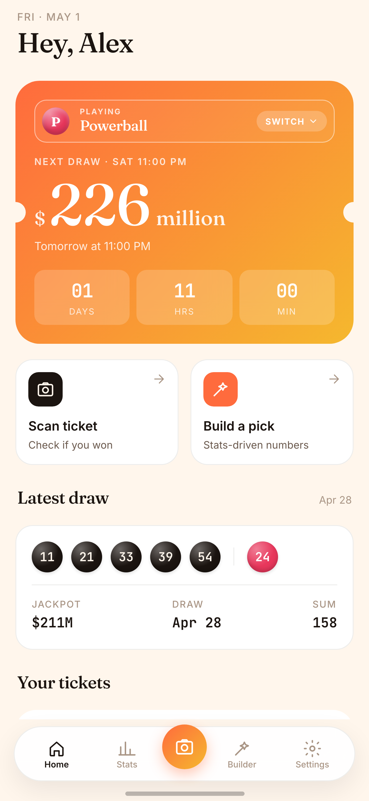 The Chancey app showing saved lottery tickets and their draw results