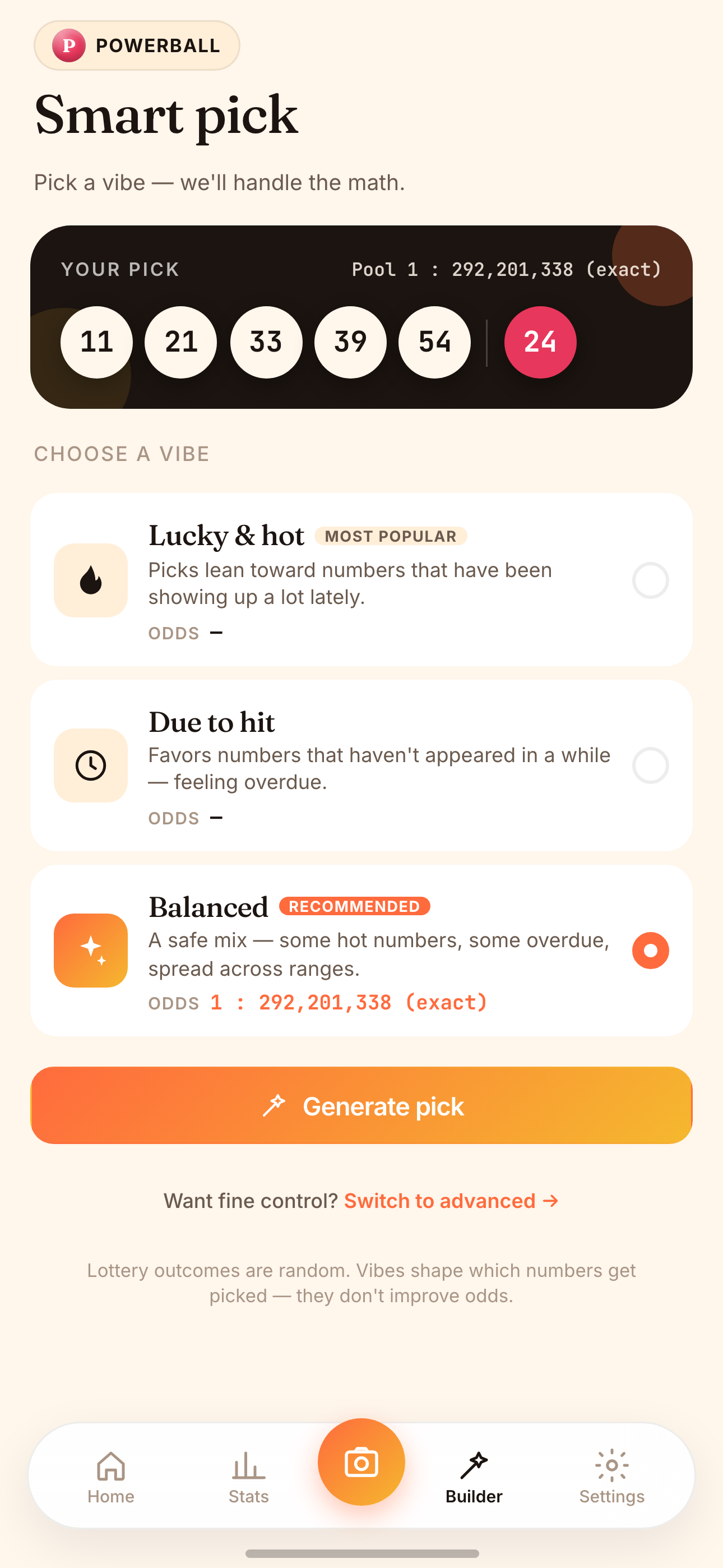 Chancey number builder mixing favorites with quick picks